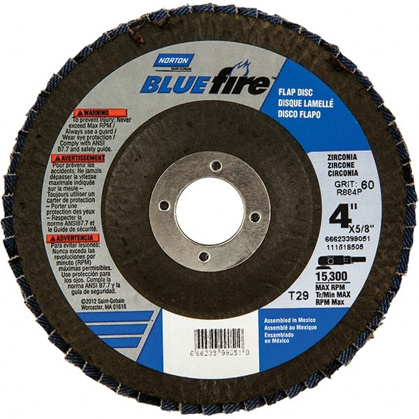 Norton - 60 Grit, 4" Disc Diam, 5/8" Center Hole, Type 29 Zirconia Alumina Flap Disc - 15,300 Max RPM, Fiberglass Backing, Arbor Attaching System, Coated - Exact Tooling