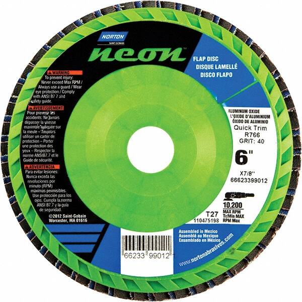 Norton - 40 Grit, 6" Disc Diam, 7/8" Center Hole, Type 27 Zirconia Alumina Flap Disc - 10,200 Max RPM, Polyester Backing, Arbor Attaching System, Coated - Exact Tooling
