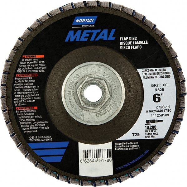 Norton - 60 Grit, 6" Disc Diam, 5/8-11 Center Hole, Type 29 Zirconia Alumina Flap Disc - 10,200 Max RPM, Fiberglass Backing, Arbor Attaching System, Coated - Exact Tooling