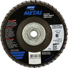 Norton - 40 Grit, 6" Disc Diam, 5/8-11 Center Hole, Type 29 Zirconia Alumina Flap Disc - 10,200 Max RPM, Fiberglass Backing, Arbor Attaching System, Coated - Exact Tooling
