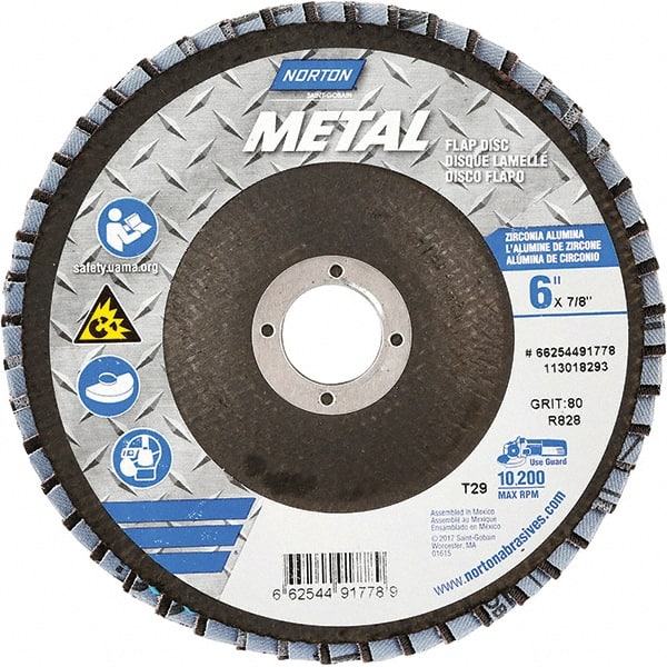 Norton - 80 Grit, 6" Disc Diam, 7/8" Center Hole, Type 29 Zirconia Alumina Flap Disc - 10,200 Max RPM, Fiberglass Backing, Arbor Attaching System, Coated - Exact Tooling