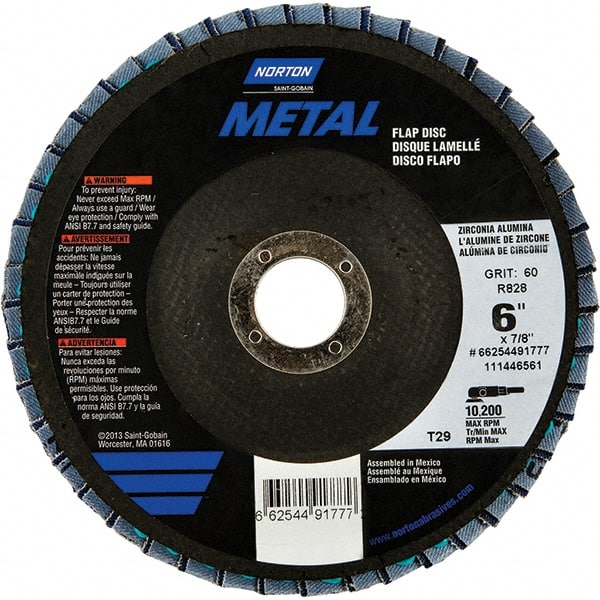 Norton - 40 Grit, 6" Disc Diam, 7/8" Center Hole, Type 29 Zirconia Alumina Flap Disc - 10,200 Max RPM, Fiberglass Backing, Arbor Attaching System, Coated - Exact Tooling