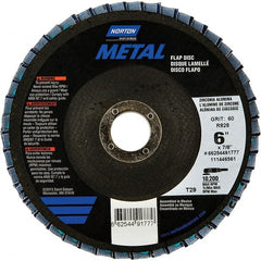 Norton - 40 Grit, 6" Disc Diam, 7/8" Center Hole, Type 29 Zirconia Alumina Flap Disc - 10,200 Max RPM, Fiberglass Backing, Arbor Attaching System, Coated - Exact Tooling
