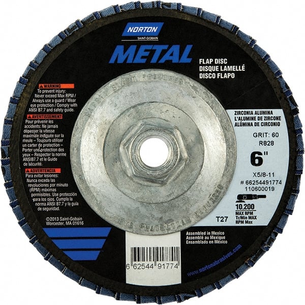 Norton - 80 Grit, 6" Disc Diam, 5/8-11 Center Hole, Type 27 Zirconia Alumina Flap Disc - 10,200 Max RPM, Fiberglass Backing, Arbor Attaching System, Coated - Exact Tooling