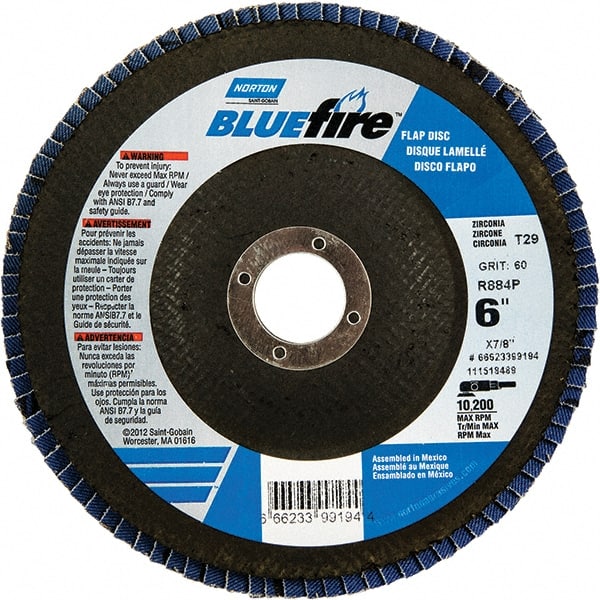 Norton - 60 Grit, 6" Disc Diam, 7/8" Center Hole, Type 29 Zirconia Alumina Flap Disc - 10,200 Max RPM, Fiberglass Backing, Arbor Attaching System, Coated - Exact Tooling