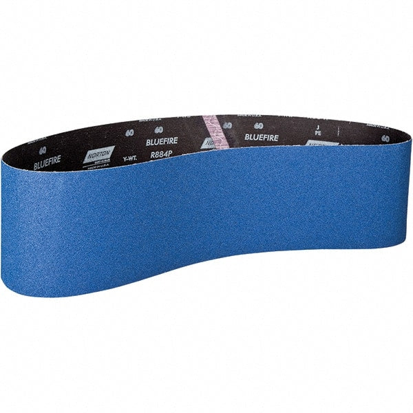 Norton - 4" Wide x 72" OAL, 36 Grit, Zirconia Alumina Abrasive Belt - Zirconia Alumina, Coated, Y Weighted Paper Backing - Exact Tooling