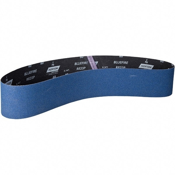 Norton - 4" Wide x 54" OAL, 60 Grit, Zirconia Alumina Abrasive Belt - Zirconia Alumina, Coated, X Weighted Paper Backing - Exact Tooling