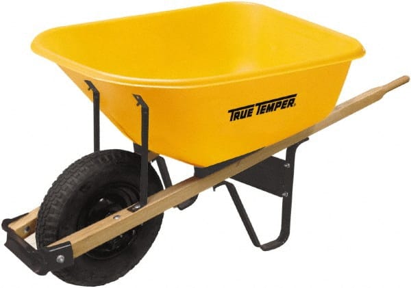 True Temper - 6 Cu Ft Capacity Wheelbarrow with 16" Pneumatic Wheel - Hardwood Handle, 60" Long x 30" Wide x 27" High, Yellow - Exact Tooling