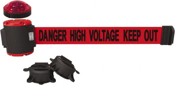 Banner Stakes - 7" High x 30' Long x 2" Wide Magnetic Wall Mount Barrier - Plastic & Polyester, Matte Finish, Red, Used As Is - Exact Tooling