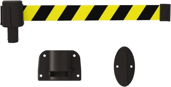 Banner Stakes - 6.61" High x 15' Long x 2" Wide Wall Mount Barrier - Plastic & Polyester, Matte Finish, Yellow/Black, Used As Is - Exact Tooling
