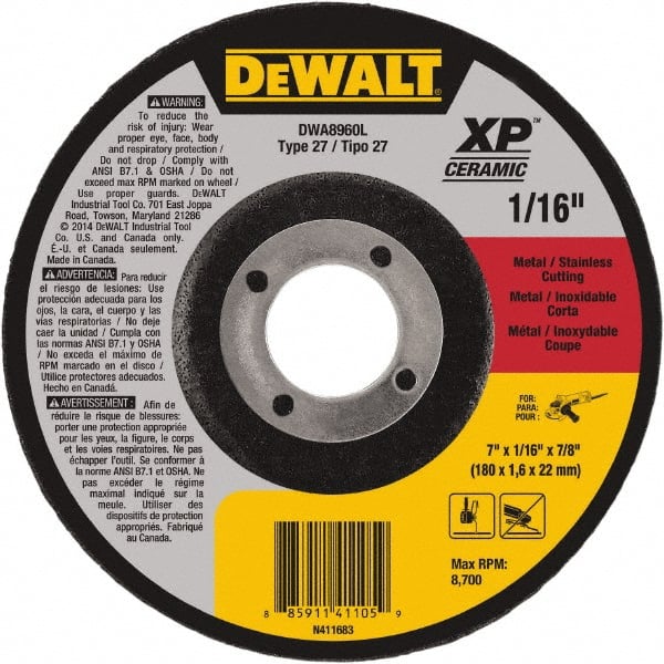 DeWALT - 7" Wheel Diam, 1/16" Wheel Thickness, 7/8" Arbor Hole, Type 27 Depressed Center Wheel - Fine/Coarse Grade, Ceramic, 8,700 Max RPM - Exact Tooling