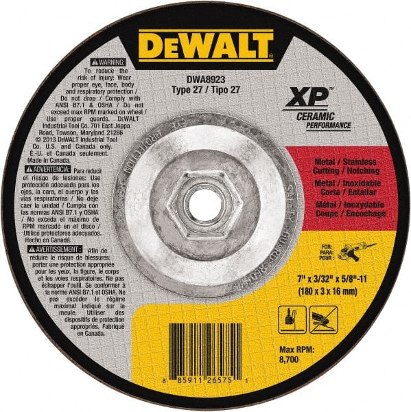DeWALT - 7" Wheel Diam, 3/32" Wheel Thickness, 5/8" Arbor Hole, Type 27 Depressed Center Wheel - Fine/Coarse Grade, Ceramic, 8,700 Max RPM - Exact Tooling