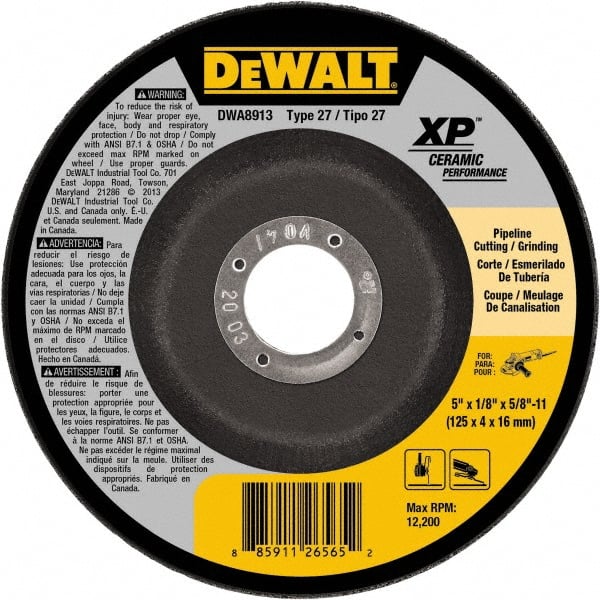 DeWALT - 5" Wheel Diam, 1/8" Wheel Thickness, 5/8" Arbor Hole, Type 27 Depressed Center Wheel - Fine/Coarse Grade, Ceramic, 12,200 Max RPM - Exact Tooling