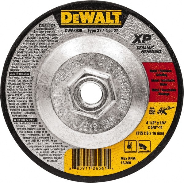 DeWALT - 4-1/2" Wheel Diam, 1/4" Wheel Thickness, 5/8" Arbor Hole, Type 27 Depressed Center Wheel - Fine/Coarse Grade, Ceramic, 13,300 Max RPM - Exact Tooling