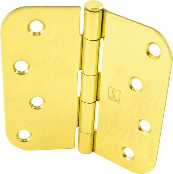 Hager - 4" Wide x 4" High 5/8 Radius Residential Hinge - Round Edge, Steel, Bright Brass Finish - Exact Tooling