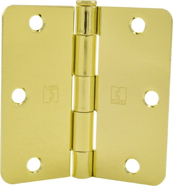 Hager - 3-1/2" Wide x 3-1/2" High 1/4 Radius Residential Hinge - Round Edge, Steel, Bright Brass Finish - Exact Tooling