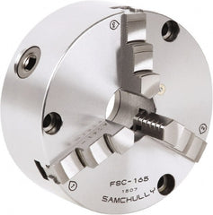 Samchully - 3 Jaw, 167mm Diam, Self Centering Manual Lathe Chuck - Front Mount, Adjustable, 45mm Through Hole Diam, Forged Steel - Exact Tooling