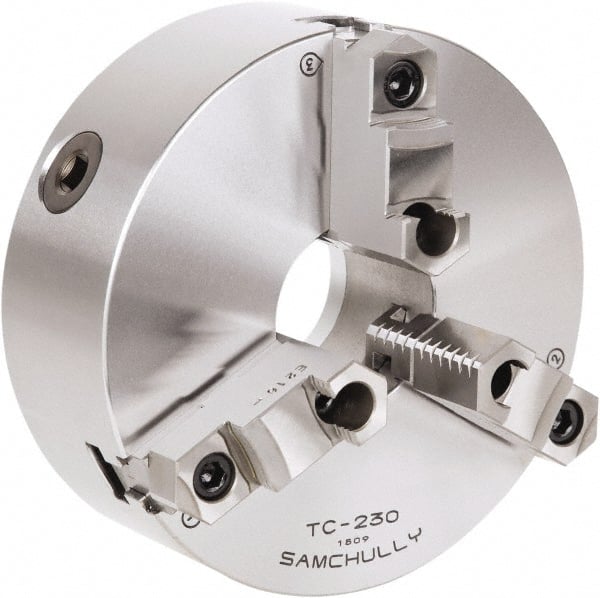 Samchully - 3 Jaw, 310mm Diam, Self Centering Manual Lathe Chuck - Rear Mount, Adjustable, 100mm Through Hole Diam, Forged Steel - Exact Tooling