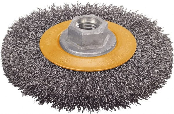 WALTER Surface Technologies - 5" OD, 5/8-11 Arbor Hole, Crimped Steel Wheel Brush - 5/8" Face Width, 1" Trim Length, 0.0118" Filament Diam, 10,000 RPM - Exact Tooling