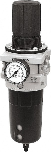Parker - 1" NPT Port Heavy-Duty 1 Piece Filter/Regulator FRL Unit - Polypropylene Bowl, 465 SCFM, 254 Max psi, 13-1/2" High, Automatic Drain - Exact Tooling