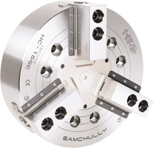Samchully - 3 Jaw, 530mm Chuck Diam, Plain Back Mount, 0mm Through Hole Diam, Drawbar Hydraulic Power Lathe Chuck - 3mm x 60° Serrated Jaw Interface, 1,940 RPM, Steel Body - Exact Tooling