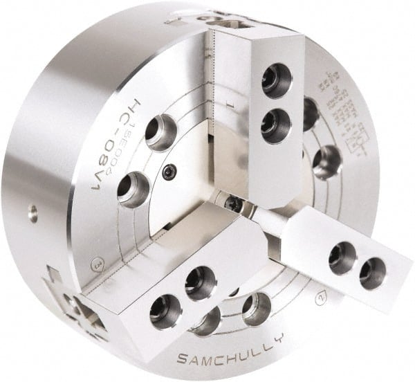 Samchully - 3 Jaw, 1000mm Chuck Diam, Plain Back Mount, 0mm Through Hole Diam, Drawbar Hydraulic Power Lathe Chuck - 3mm x 60° Serrated Jaw Interface, 630 RPM, Steel Body - Exact Tooling