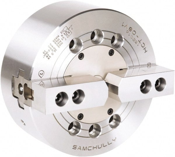 Samchully - 2 Jaw, 165mm Chuck Diam, Plain Back Mount, 0mm Through Hole Diam, Drawbar Hydraulic Power Lathe Chuck - 1.5mm x 60° Serrated Jaw Interface, 5,000 RPM, Steel Body - Exact Tooling
