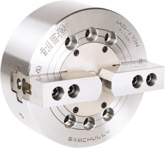 Samchully - 2 Jaw, 210mm Chuck Diam, Plain Back Mount, 0mm Through Hole Diam, Drawbar Hydraulic Power Lathe Chuck - 1.5mm x 60° Serrated Jaw Interface, 3,600 RPM, Steel Body - Exact Tooling