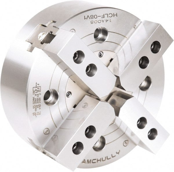 Samchully - 4 Jaw, 210mm Chuck Diam, Plain Back Mount, 0mm Through Hole Diam, Drawbar Hydraulic Power Lathe Chuck - 1.5mm x 60° Serrated Jaw Interface, 3,600 RPM, Steel Body - Exact Tooling