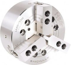 Samchully - 3 Jaw, 304mm Chuck Diam, Plain Back Mount, 0mm Through Hole Diam, Drawbar Hydraulic Power Lathe Chuck - 1.5mm x 60° Serrated Jaw Interface, 2,500 RPM, Steel Body - Exact Tooling