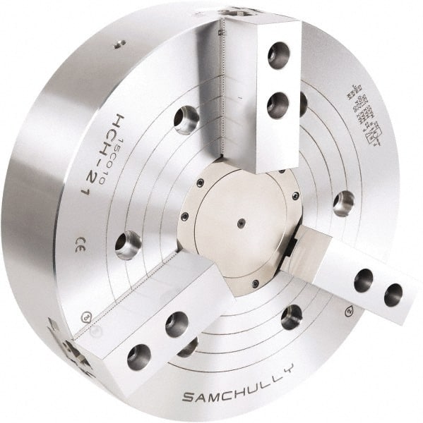 Samchully - 3 Jaw, 800mm Chuck Diam, Plain Back Mount, 240mm Through Hole Diam, Drawtube Hydraulic Power Lathe Chuck - 3mm x 60° Serrated Jaw Interface, 1,200 RPM, Steel Body - Exact Tooling