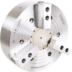 Samchully - 3 Jaw, 610mm Chuck Diam, Plain Back Mount, 165mm Through Hole Diam, Drawtube Hydraulic Power Lathe Chuck - 3mm x 60° Serrated Jaw Interface, 1,500 RPM, Steel Body - Exact Tooling