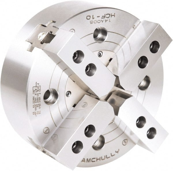 Samchully - 4 Jaw, 450mm Chuck Diam, Plain Back Mount, 0mm Through Hole Diam, Drawbar Hydraulic Power Lathe Chuck - 1.5mm x 60° Serrated Jaw Interface, 2,710 RPM, Steel Body - Exact Tooling