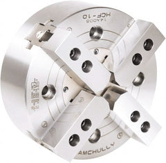 Samchully - 4 Jaw, 610mm Chuck Diam, Plain Back Mount, 0mm Through Hole Diam, Drawbar Hydraulic Power Lathe Chuck - 3mm x 60° Serrated Jaw Interface, 1,500 RPM, Steel Body - Exact Tooling