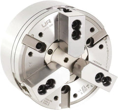 Samchully - 3 Jaw, 175mm Chuck Diam, Plain Back Mount, 56mm Through Hole Diam, Drawtube Hydraulic Power Lathe Chuck - 1/16" x 90° Serrated Jaw Interface, 6,000 RPM, Steel Body - Exact Tooling