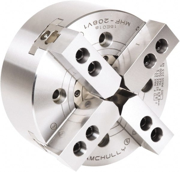 Samchully - 4 Jaw, 210mm Chuck Diam, Plain Back Mount, 66mm Through Hole Diam, Drawtube Hydraulic Power Lathe Chuck - 1.5mm x 60° Serrated Jaw Interface, 5,000 RPM, Steel Body - Exact Tooling