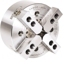 Samchully - 4 Jaw, 210mm Chuck Diam, Plain Back Mount, 66mm Through Hole Diam, Drawtube Hydraulic Power Lathe Chuck - 1.5mm x 60° Serrated Jaw Interface, 5,000 RPM, Steel Body - Exact Tooling