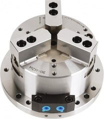 Samchully - 3 Jaw, 210mm Chuck Diam, Plain Back Mount, 0mm Through Hole Diam, Self-Contained Hydraulic Power Lathe Chuck - 1.5mm x 60° Serrated Jaw Interface, Steel Body - Exact Tooling