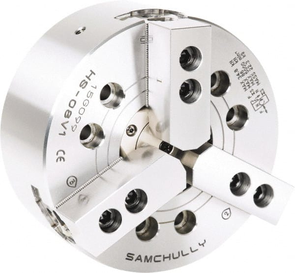 Samchully - 3 Jaw, 210mm Chuck Diam, Plain Back Mount, 46mm Through Hole Diam, Drawtube Hydraulic Power Lathe Chuck - 1.5mm x 60° Serrated Jaw Interface, 3,000 RPM, Steel Body - Exact Tooling