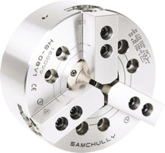Samchully - 3 Jaw, 210mm Chuck Diam, Plain Back Mount, 46mm Through Hole Diam, Drawtube Hydraulic Power Lathe Chuck - 1.5mm x 60° Serrated Jaw Interface, 3,000 RPM, Steel Body - Exact Tooling