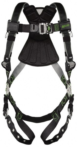 Miller - 400 Lb Capacity, Size Universal, Full Body Construction Safety Harness - Polyester (Outer) & Webbing, Tongue Leg Strap, Quick Connect Chest Strap, Green/Black - Exact Tooling