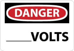 NMC - Accident Prevention Label, Header: DANGER - Legend: Danger - ____ Volts, English, Red, Black & White, 5" Long x 3" High, Sign Muscle Finish - Exact Tooling
