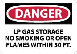 NMC - "Danger - LP Gas Storage - No Smoking or Open Flames Within 50 Ft.", 7" Long x 10" Wide, Pressure-Sensitive Vinyl Safety Sign - Rectangle, 0.004" Thick, Use for Accident Prevention - Exact Tooling