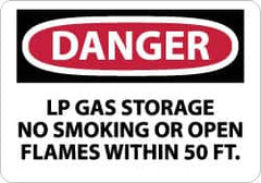 NMC - "Danger - LP Gas Storage - No Smoking or Open Flames Within 50 Ft.", 7" Long x 10" Wide, Pressure-Sensitive Vinyl Safety Sign - Rectangle, 0.004" Thick, Use for Accident Prevention - Exact Tooling