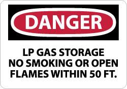 NMC - "Danger - LP Gas Storage - No Smoking or Open Flames Within 50 Ft.", 10" Long x 14" Wide, Pressure-Sensitive Vinyl Safety Sign - Rectangle, 0.004" Thick, Use for Accident Prevention - Exact Tooling