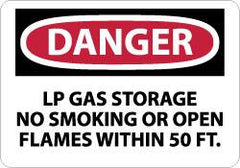 NMC - "Danger - LP Gas Storage - No Smoking or Open Flames Within 50 Ft.", 7" Long x 10" Wide, Rigid Plastic Safety Sign - Rectangle, 0.05" Thick, Use for Accident Prevention - Exact Tooling