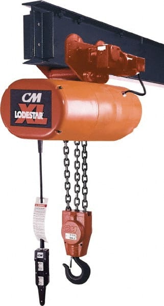 CM - 5 Ton Capacity, 12 FPM Lift Speed, 230/460 Volt, Hoist with Motorized Trolley - 5.5 Output hp, 20' Max Lift, 33-3/4" Min Headroom, 2 Chains - Exact Tooling