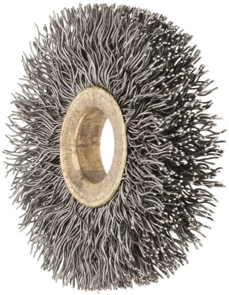 Osborn - 2" OD, 1/2" Arbor Hole, Crimped Steel Wheel Brush - 1/4" Face Width, 1/2" Trim Length, 0.014" Filament Diam, 20,000 RPM - Exact Tooling