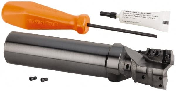 Kennametal - 50.39mm Cut Diam, 54mm Max Depth of Cut, 1-1/2" Shank Diam, 168.88mm OAL, Indexable Square Shoulder Helical End Mill - GOMT 1604.., JOMT 1604.. Inserts, Cylindrical Shank, 0° Lead Angle, Through Coolant, Series KDMR - Exact Tooling