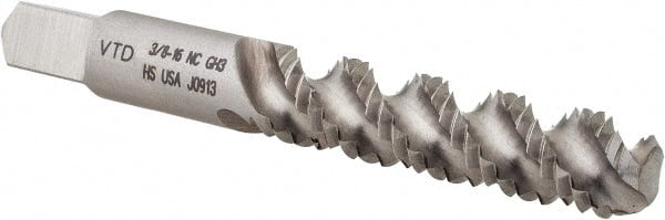 Made in USA - 3/8-16 UNC 3 Flute 3B Bottoming Spiral Flute Tap - High Speed Steel, TiN Finish, 2-15/16" OAL, Right Hand Flute, Right Hand Thread, H3 - Exact Tooling